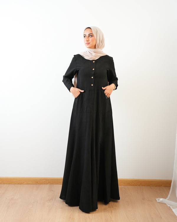 Modest Suede Buttoned Dress with Pockets Black C140