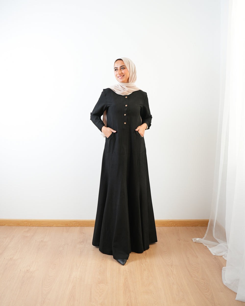 Modest Suede Buttoned Dress with Pockets Black C140