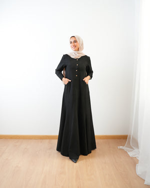 Modest Suede Buttoned Dress with Pockets Black C140