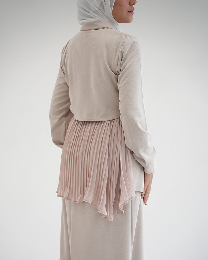 Suede Chemise With Pleated Chiffon Back Beige C234