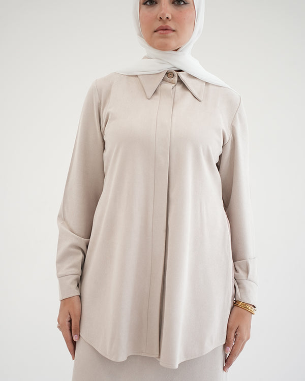 Suede Chemise With Pleated Chiffon Back Beige C234