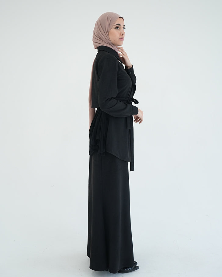 Suede Chemise With Pleated Chiffon Back Black C234