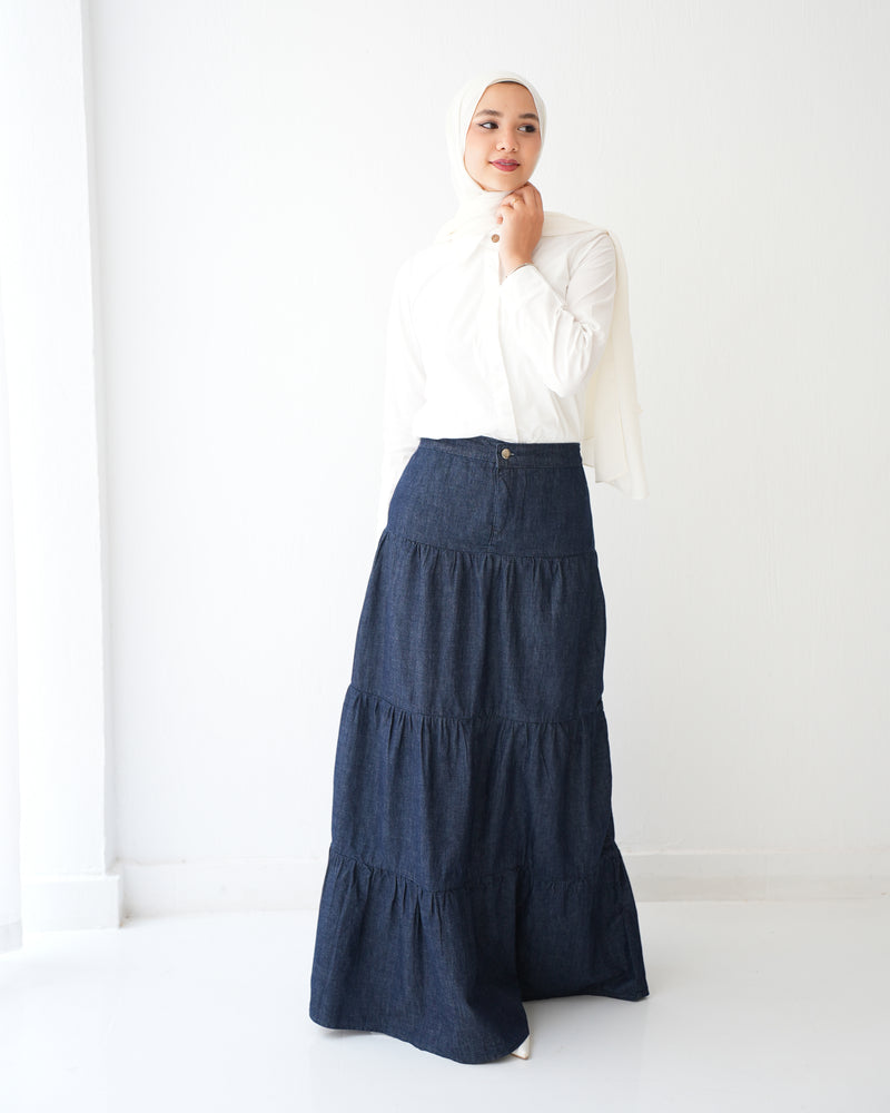 Denim Tiered Maxi Skirt Navy C8221
