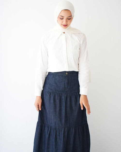 Denim Tiered Maxi Skirt Navy C8221