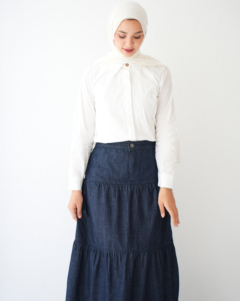 Denim Tiered Maxi Skirt Navy C8221