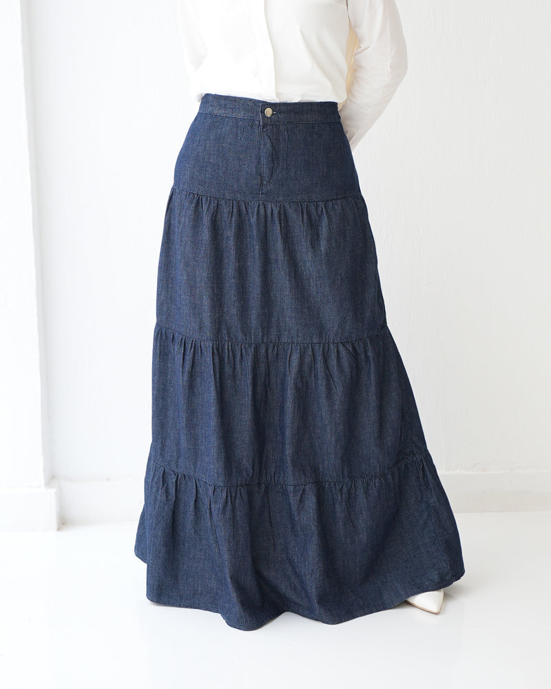 Denim Tiered Maxi Skirt Navy C8221