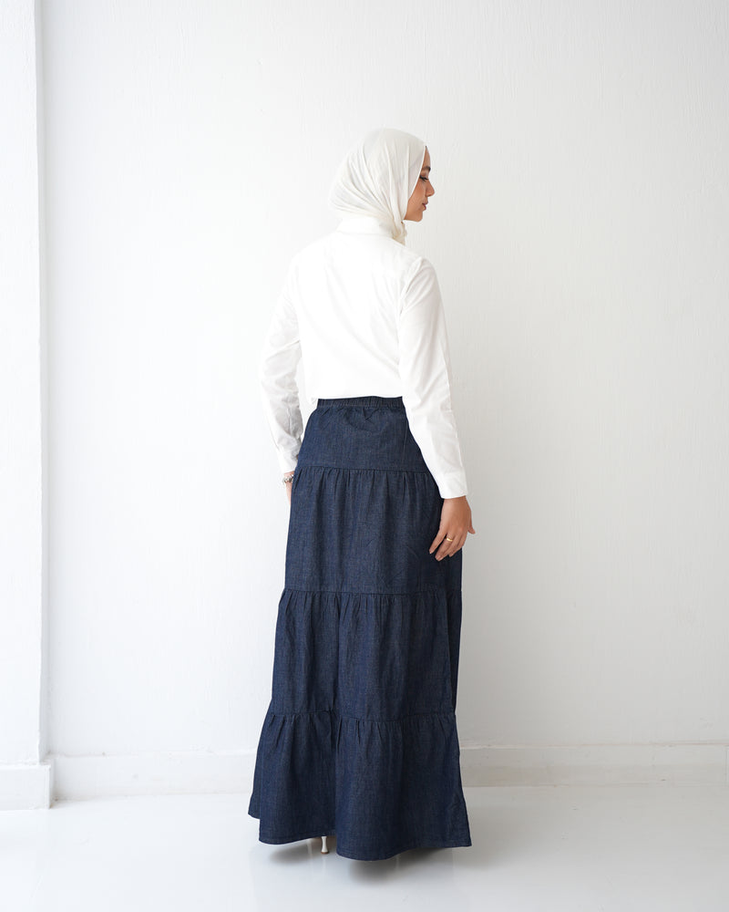 Denim Tiered Maxi Skirt Navy C8221