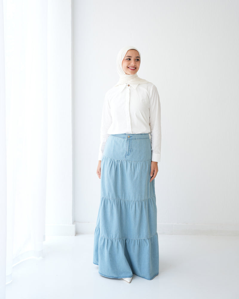 Denim Tiered Maxi Skirt Blue C8221