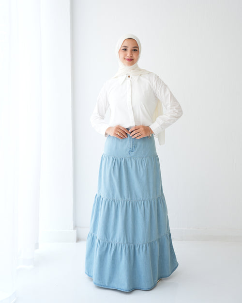 Denim Tiered Maxi Skirt Blue C8221