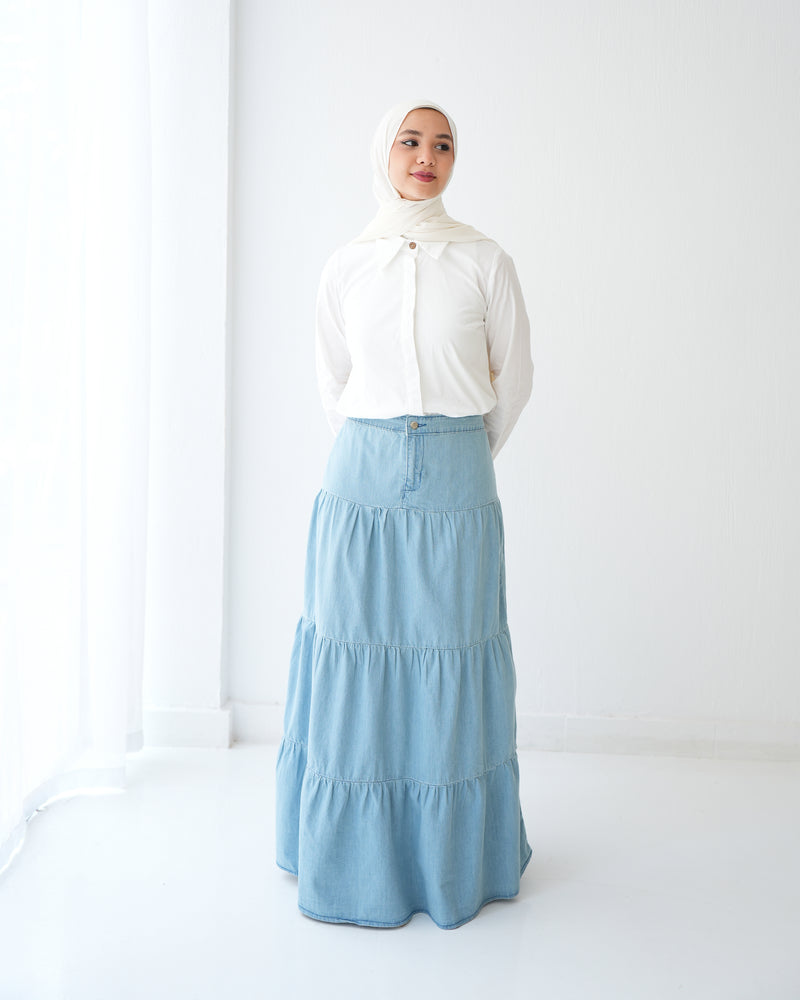 Denim Tiered Maxi Skirt Blue C8221