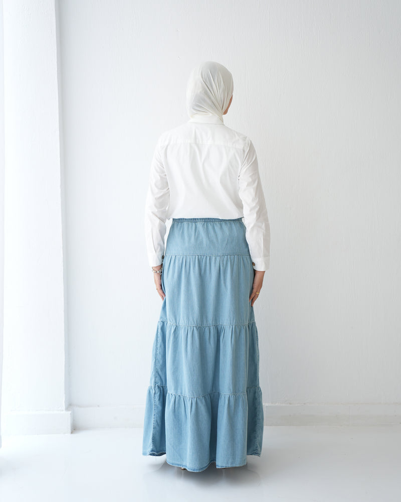 Denim Tiered Maxi Skirt Blue C8221