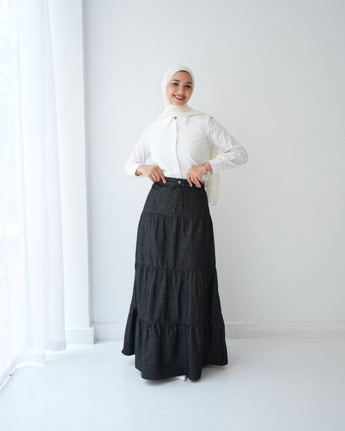 Denim Tiered Maxi Skirt Grey C8221