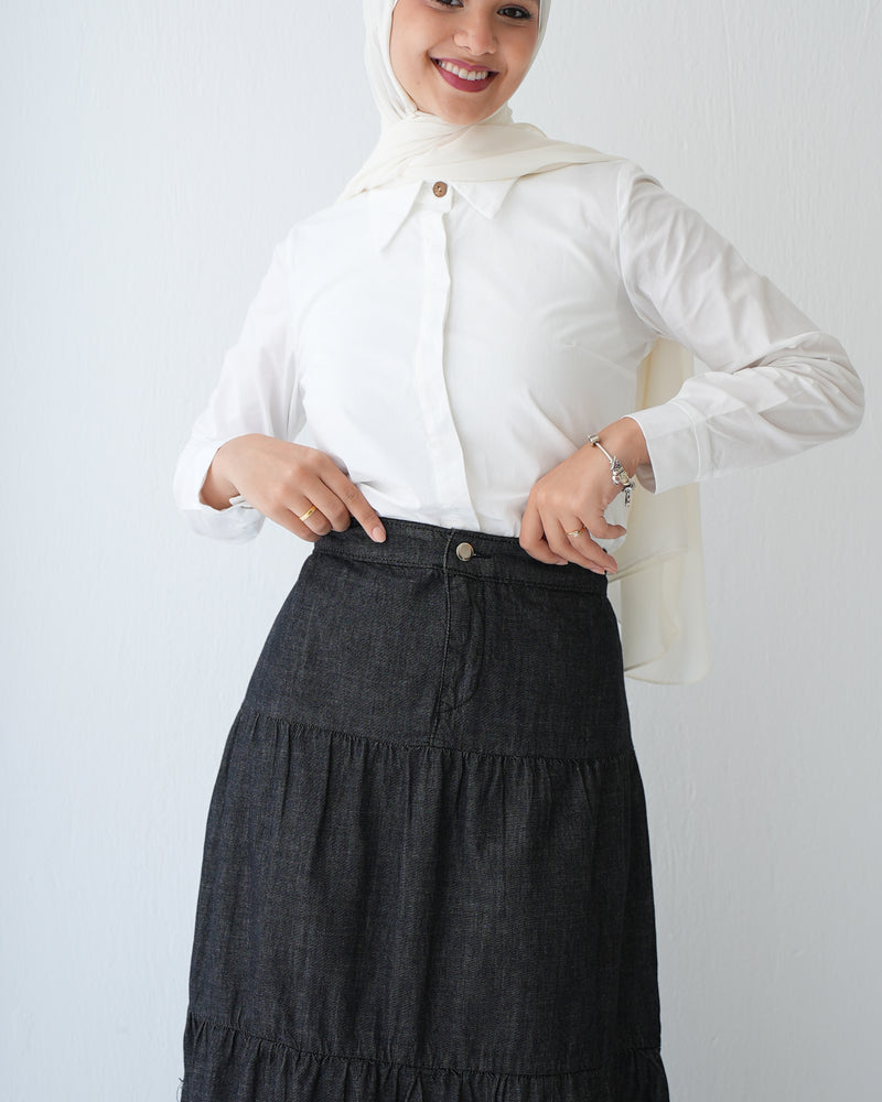 Denim Tiered Maxi Skirt Grey C8221
