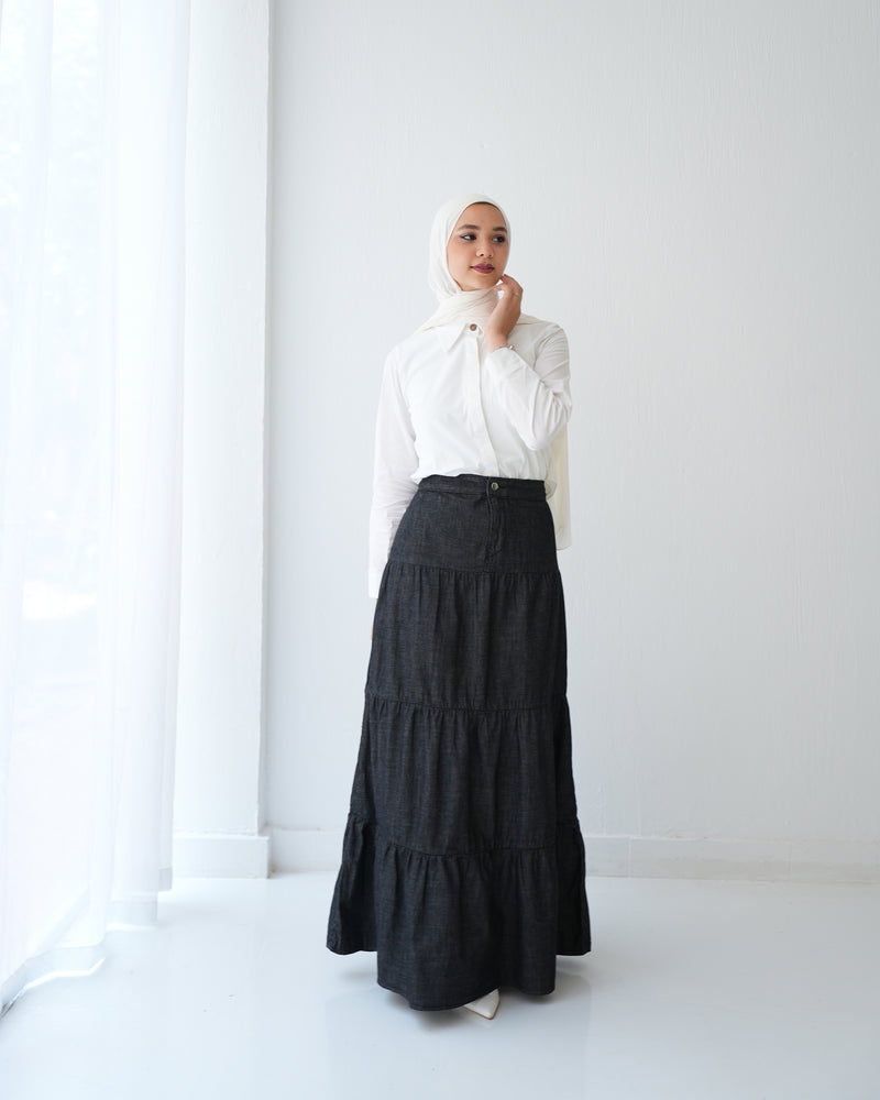 Denim Tiered Maxi Skirt Grey C8221