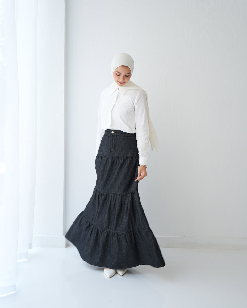 Denim Tiered Maxi Skirt Grey C8221