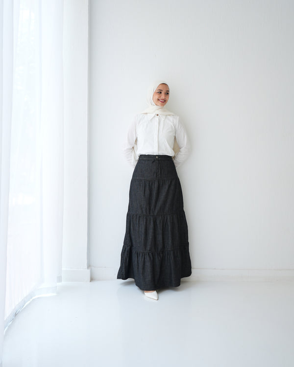Denim Tiered Maxi Skirt Grey C8221