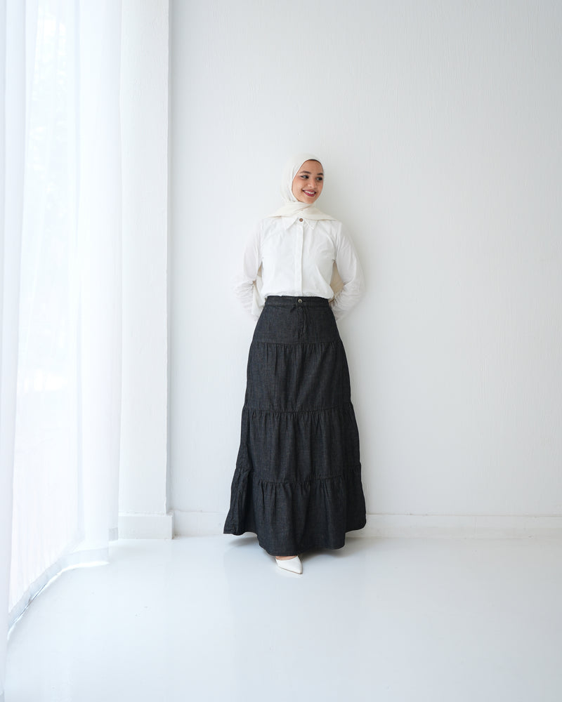 Denim Tiered Maxi Skirt Grey C8221
