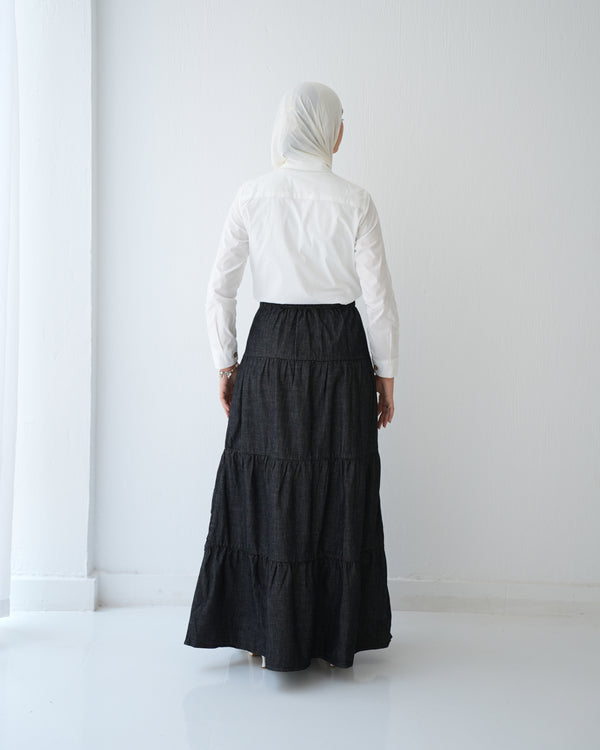 Denim Tiered Maxi Skirt Grey C8221