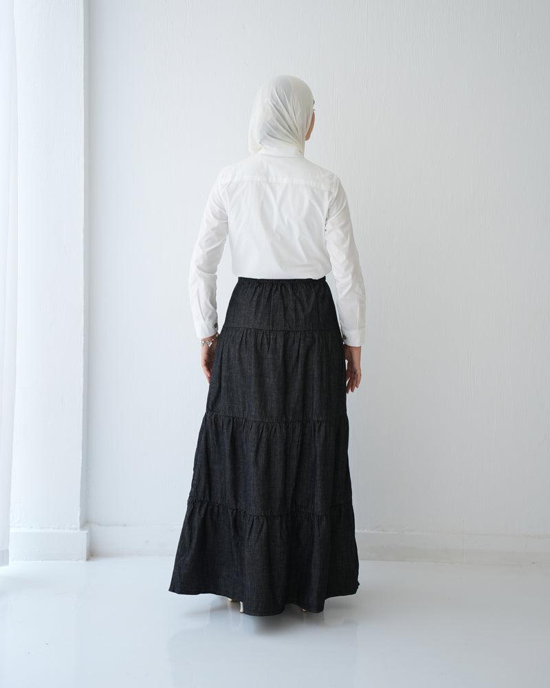 Denim Tiered Maxi Skirt Grey C8221