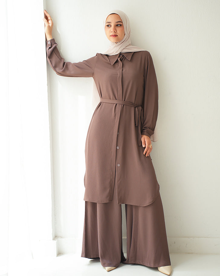 Chemise and Wide Leg Pants Set  Dark Cafe C2410