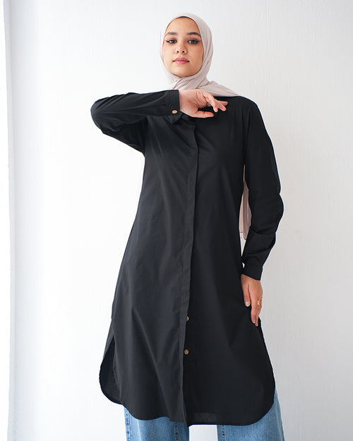 Poplin Long Chemise Black C241