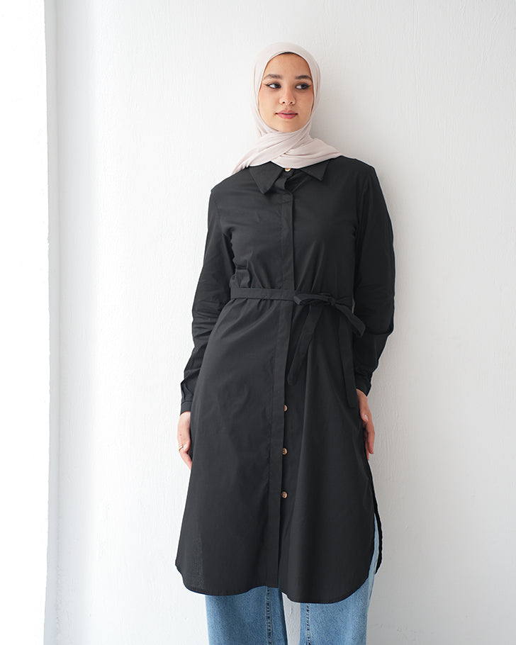 Poplin Long Chemise Black C241