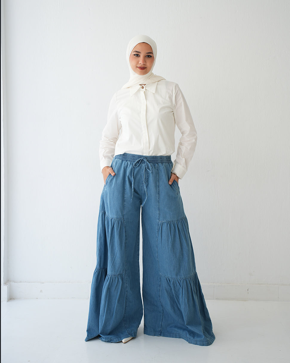 Tiered Wide Leg Denim Pants Blue C1902