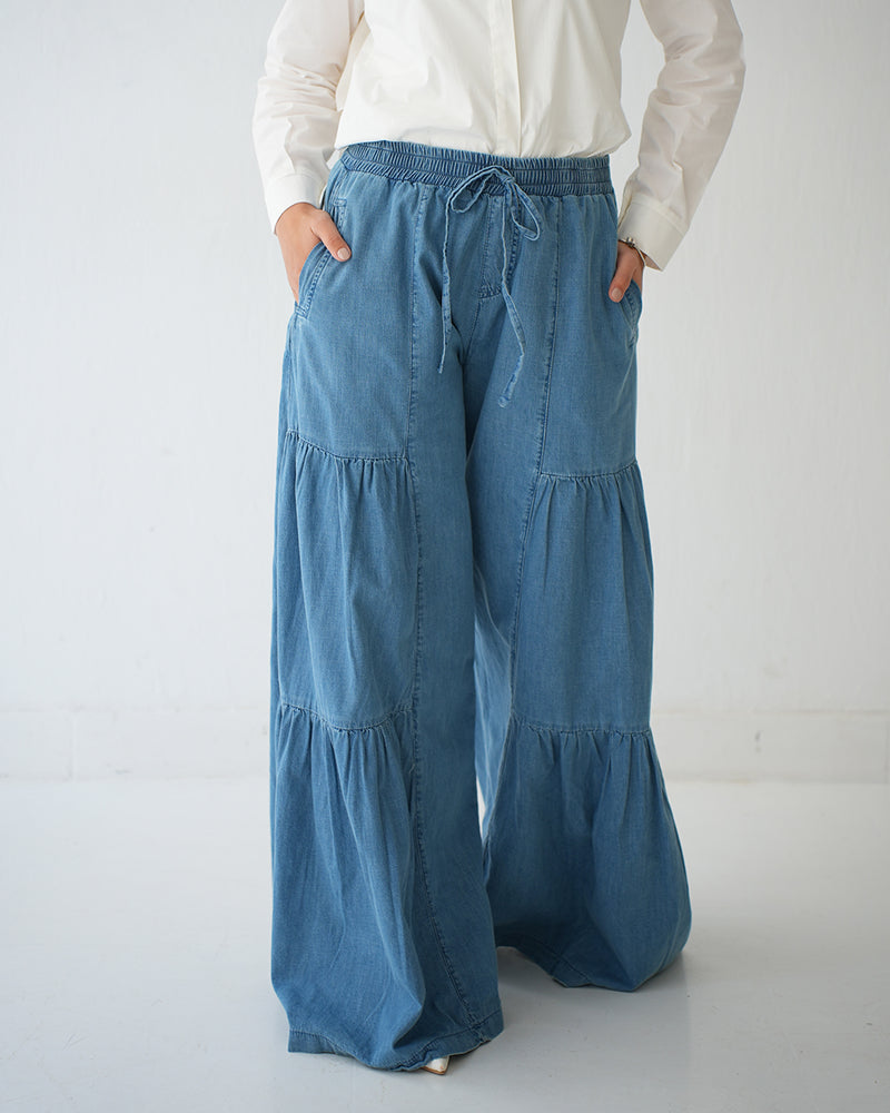 Tiered Wide Leg Denim Pants Blue C1902