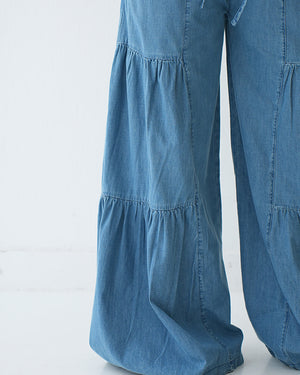 Tiered Wide Leg Denim Pants Blue C1902