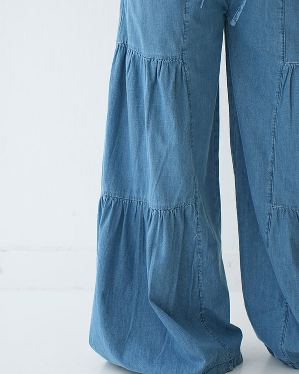 Tiered Wide Leg Denim Pants Blue C1902