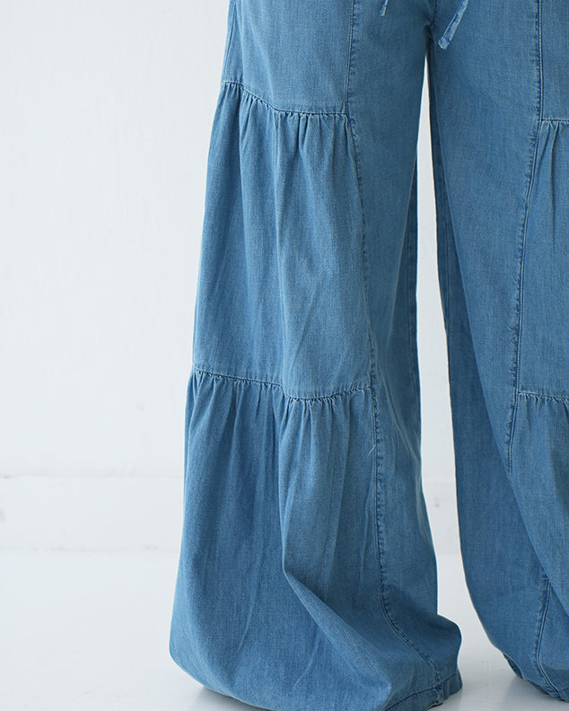 Tiered Wide Leg Denim Pants Blue C1902