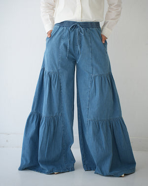 Tiered Wide Leg Denim Pants Blue C1902