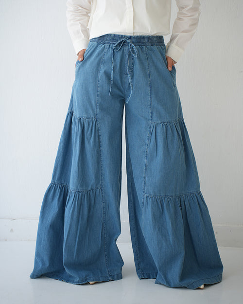 Tiered Wide Leg Denim Pants Blue C1902