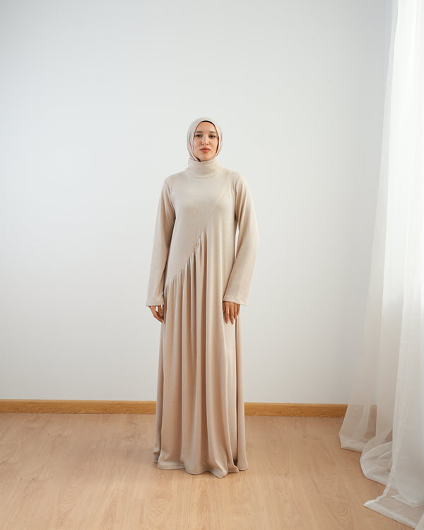 High Neck Ribbed Dress Beige C501