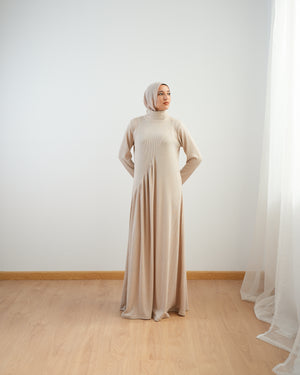High Neck Ribbed Dress Beige C501