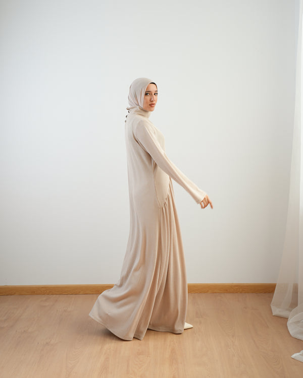 High Neck Ribbed Dress Beige C501