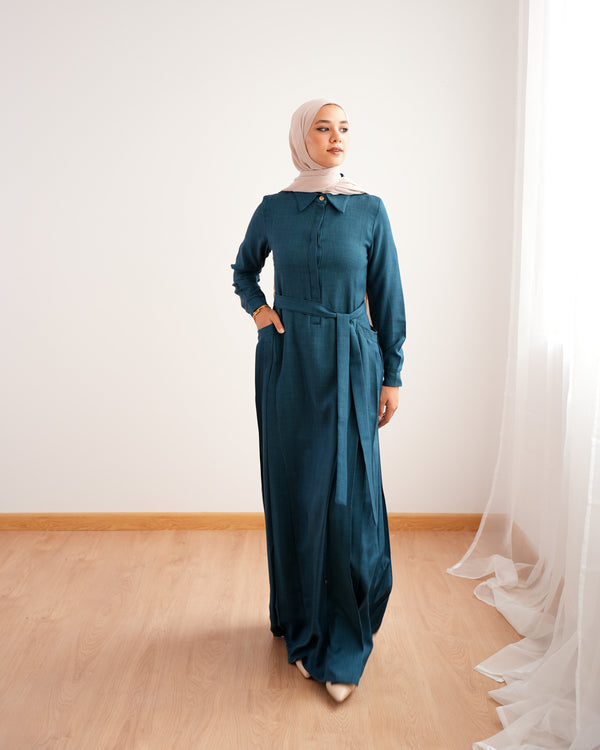 Linen Dress With Pockets Teal C94