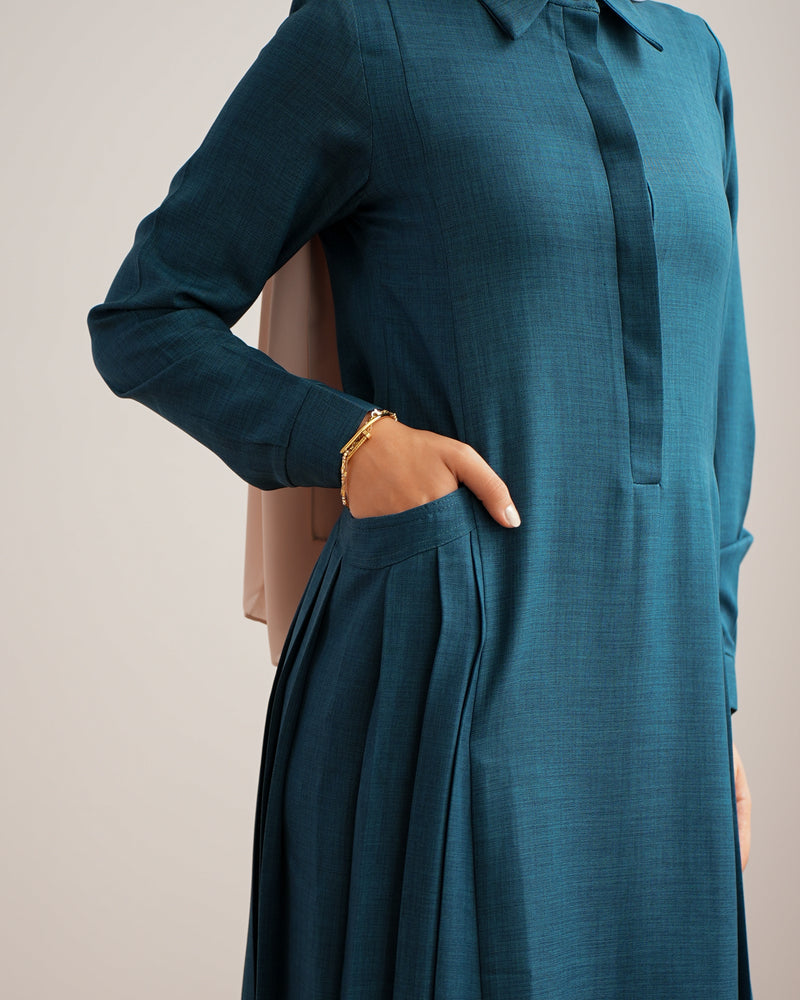 Linen Dress With Pockets Teal C94