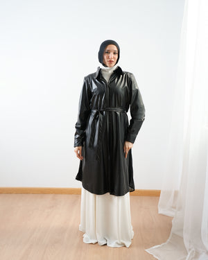 Back Pleated Leather Chemise Black C2342