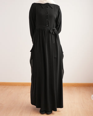 Front Button Abaya with Chiffon Side Drapes C5