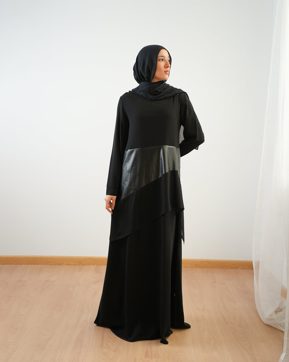 Crepe Abaya with Diagonal Leather Chiffon Detail C95
