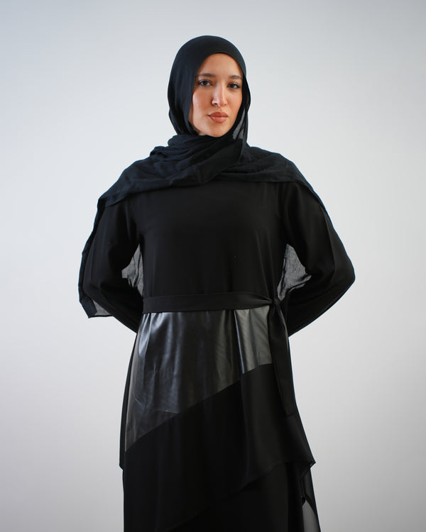 Crepe Abaya with Diagonal Leather Chiffon Detail C95