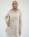 Suede Chemise With Pleated Chiffon Back Beige C234