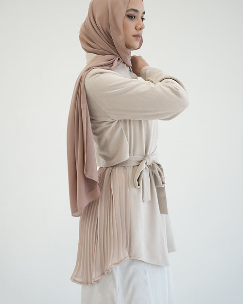 Suede Chemise With Pleated Chiffon Back Beige C234
