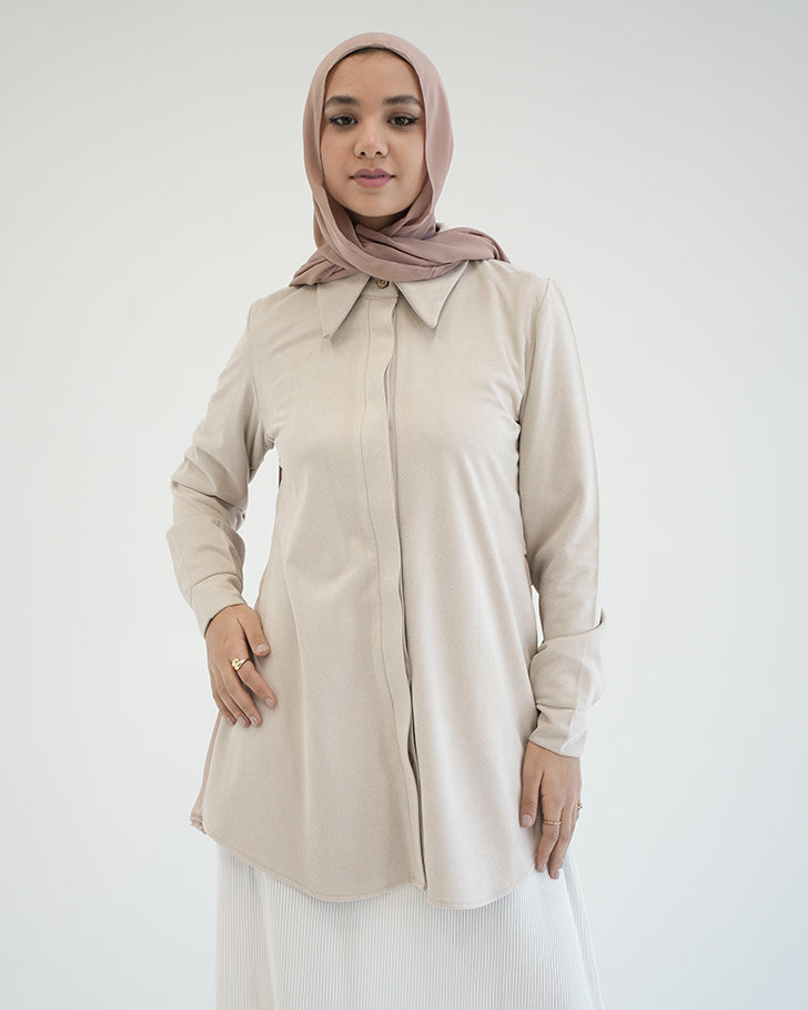Suede Chemise With Pleated Chiffon Back Beige C234