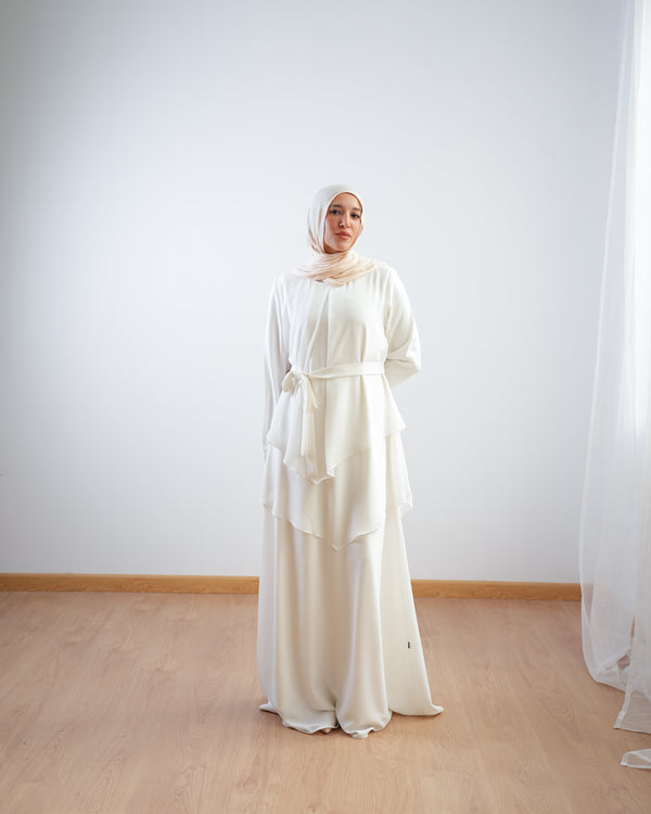 Layered Chiffon Abaya Off-White C222