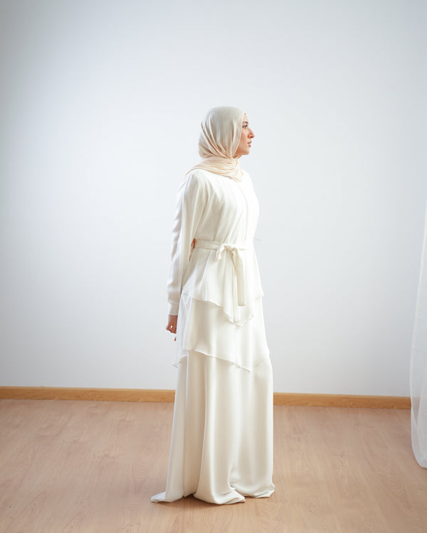 Layered Chiffon Abaya Off-White C222