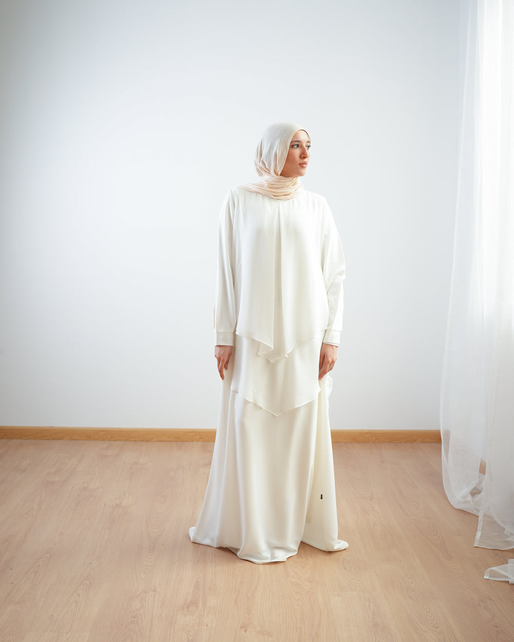 Layered Chiffon Abaya Off-White C222