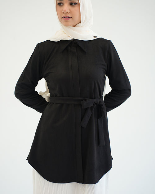 Suede Chemise With Pleated Chiffon Back Black C234