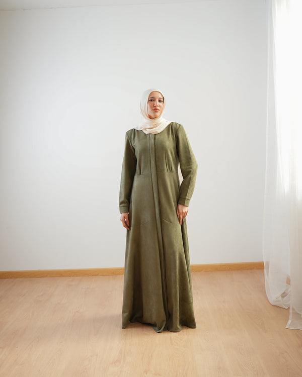 Front Buttoned Suede Dress Olive C86